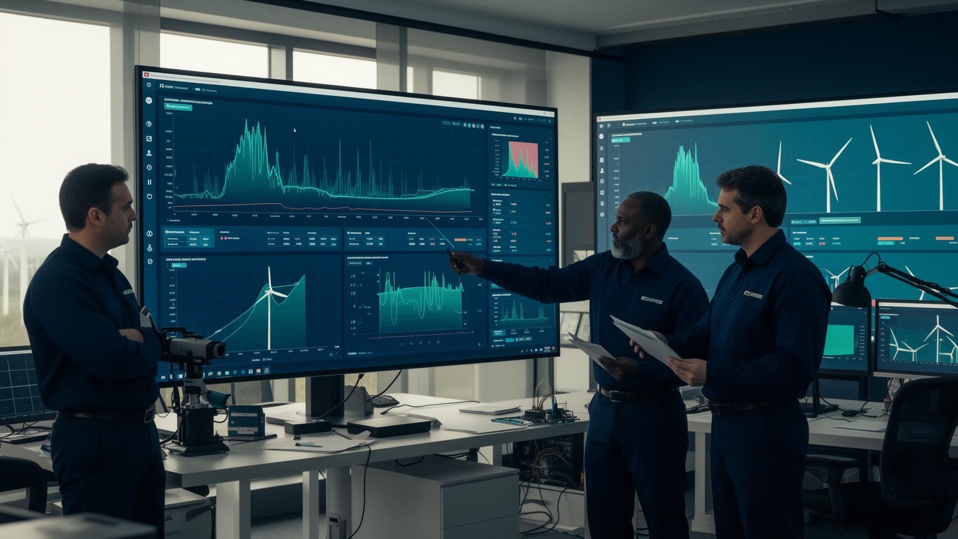 Vortex Eco renewable energy specialists reviewing wind farm performance data